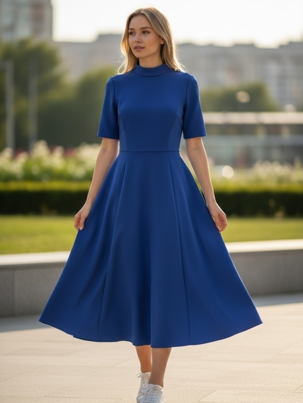 Women's High-Neck Royal Blue Midi Fit-and-Flare Dress